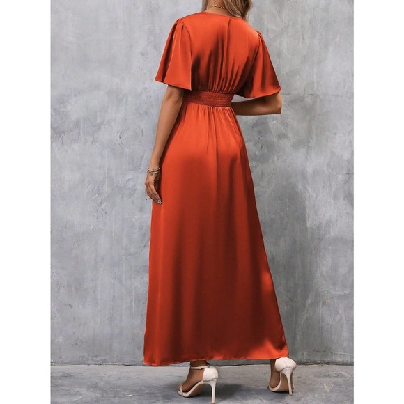 Plunging Neck Butterfly Sleeve Split Thigh Satin maxi Dress navy blue - Picture 9 of 12